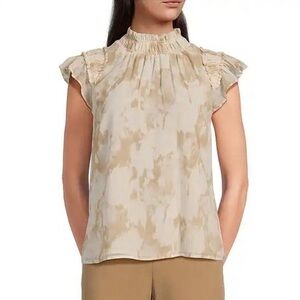 NEW…Calvin Klein Printed Mock Neck Ruffled Cap Sleeve Top